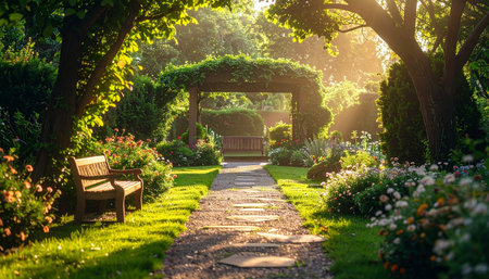 Beautiful garden with chair and flower beds in the morning light.の素材