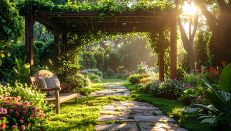 Beautiful garden in the morning with sun light. Natural background.の素材