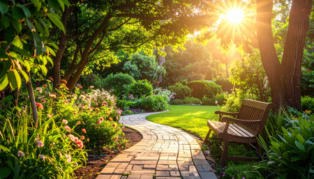 Beautiful summer garden with walkway and bench in the morning lightの素材