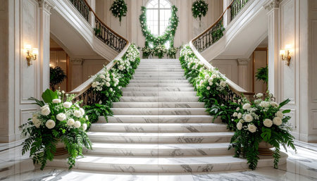 Wedding decoration with white flowers and green leaves on the stairsの素材