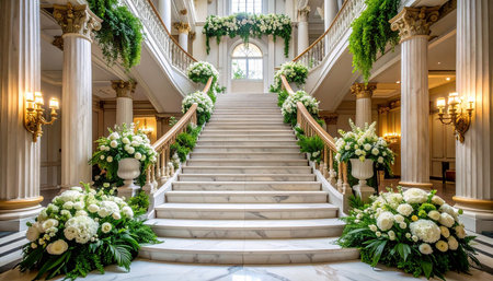 Wedding ceremony in a luxurious villa decorated with white flowersの素材