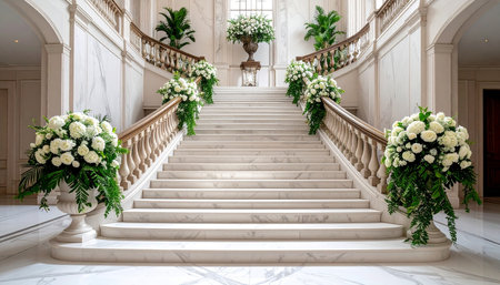 Wedding decoration with white flowers and green leavesle stairsの素材