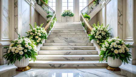 Wedding decoration with white flowers in vase and marble stairsの素材