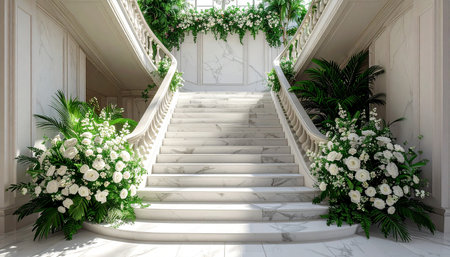 White marble stairs decorated with white flowers and green plants. 3d renderingの素材
