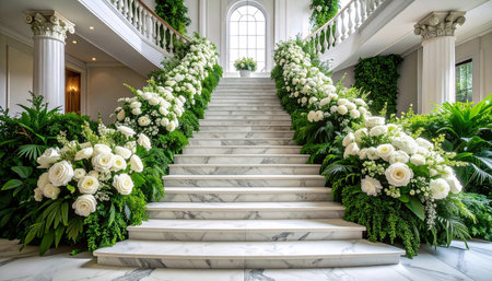 Wedding decoration with white roses and green plantsle stairsの素材
