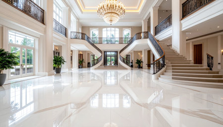 Interior of a luxury hotel lobby with marble floor and white wallsの素材