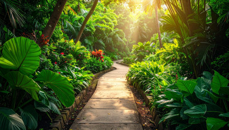 Walkway in the tropical garden with sun light and lens flare.の素材