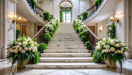 Beautiful white flowers on the stairs in the interior of the hotelの素材
