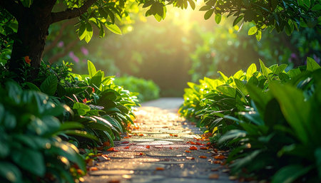 Pathway in the garden with green leaves and sunlight at sunset.の素材