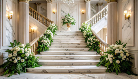 Wedding decoration with white flowers and marble stairs. Luxury interiorの素材