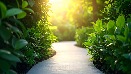Pathway in the garden with green leaves in the morning light.の素材
