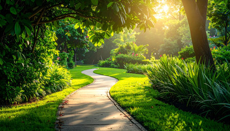 Walkway in the park with sunlight and green grass in the morning.の素材