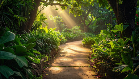 Pathway in the tropical garden with sun rays through the trees.の素材