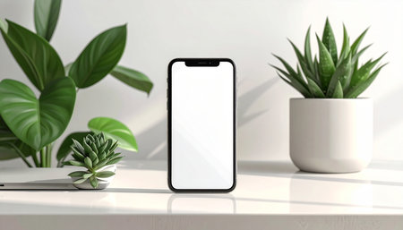 Mockup smartphone with blank screen on white table. 3D rendering.の素材
