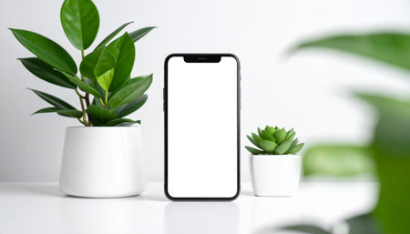 Smartphone mockup with blank screen and green plant in pot on white table.の素材
