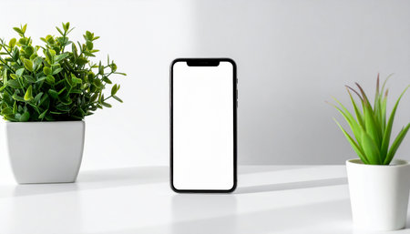 Mockup smartphone with blank screen on white office desk with plant.の素材