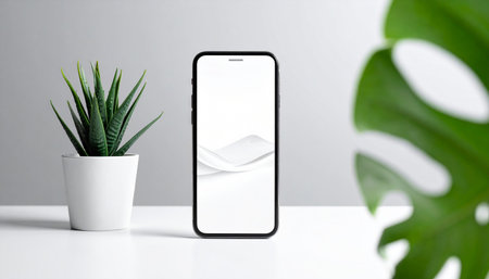 Smartphone with blank screen on white table and monstera plant.の素材