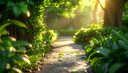 Pathway in the garden with sun light. Nature and environment concept.の素材