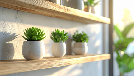 Beautiful succulents in pots on wooden shelf, 3d renderingの素材