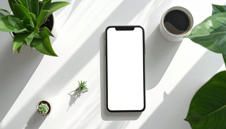 Smartphone with blank screen on table with coffee cup and houseplants.の素材