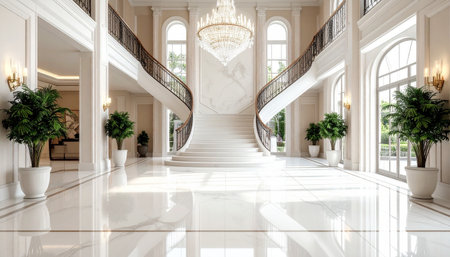 Luxury white marble stairway in classic style. 3d renderの素材