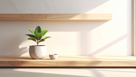 Interior of a modern living room with a wooden shelf, a plant in a pot and two cupsの素材