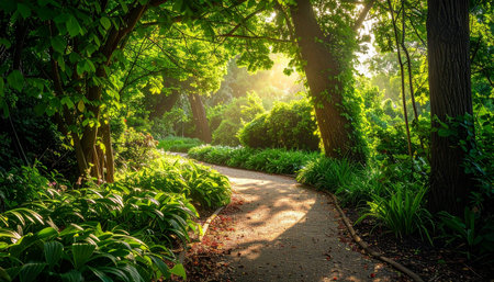 Sunset in the botanical garden. Sunlight through the trees.の素材