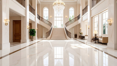 3D render of a luxury hotel hall with marble floor and white wallsの素材
