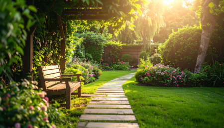 Beautiful garden with bench and flower bed in the morning light.の素材