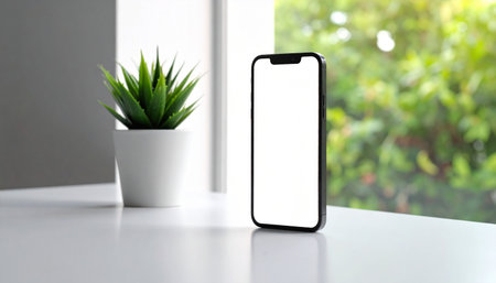 Smartphone mockup with blank screen on white table in office.の素材