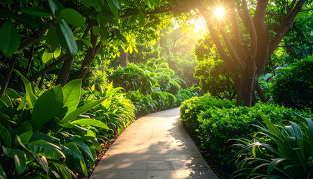 Pathway in the green garden with sun light shining through trees.の素材