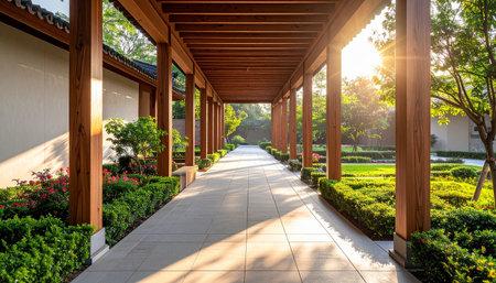 Luxury hotel corridor in the garden with sunlight, Thailand.の素材