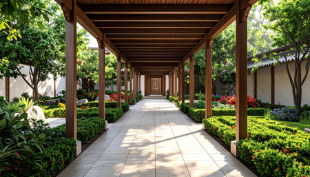 Luxury garden with walkway in the middle of the gardenの素材