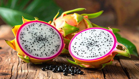 dragon fruit on wooden table, fresh fruit in the summer, healthy foodの素材