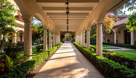 Luxury hotel corridor with arches and columns in the gardenの素材