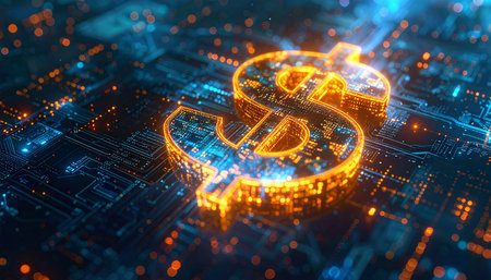 Futuristic glowing dollar sign on circuit board background 3D renderingの素材