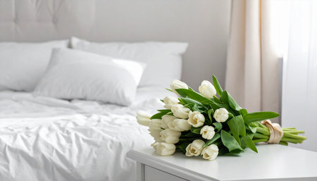 Bouquet of white tulips on the bed in the bedroomの素材