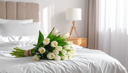 Beautiful bouquet of white tulips on bed in hotel roomの素材