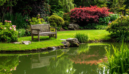 Bench in a beautiful garden with pond and green grass in summer.の素材