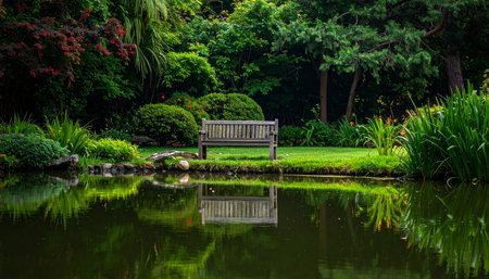 Wooden bench in the garden with pond and green grass background.の素材