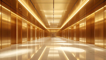 Interior of a corridor with golden lights and reflections. 3D renderingの素材