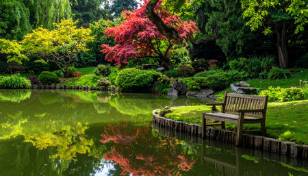 Beautiful garden in japanese style with pond and bench.の素材