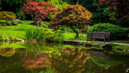 Luxury Japanese garden with pond and bench in the foreground.の素材
