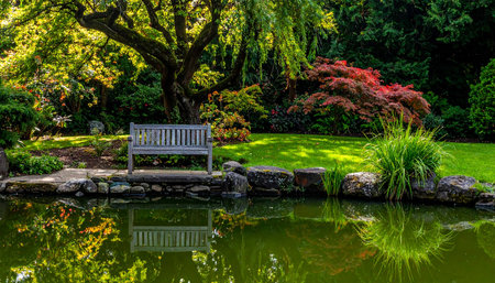 White bench in the garden with pond and green trees in the backgroundの素材