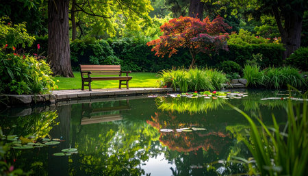 Bench in the garden with lake and reflection of tree in the waterの素材
