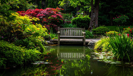 Wooden bench in the garden with reflection of colorful flowers in the pondの素材
