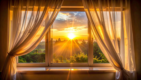 Sunset behind the window of a house in the countryside in summerの素材