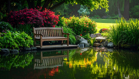 Wooden bench in the garden with reflection on the water. Beautiful landscape.の素材