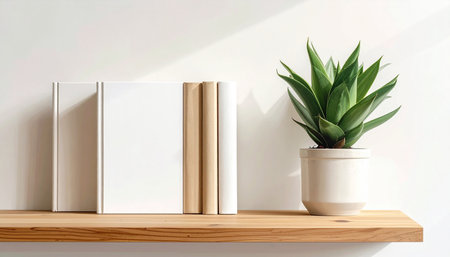 Bookshelf with books and potted plant on white wall backgroundの素材