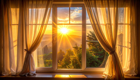 Sunset in the window with curtains and sun rays in the backgroundの素材